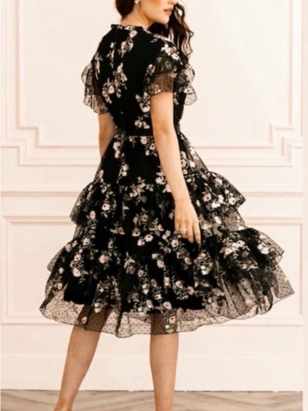 Floral Embroidered Tiered Black Midi Dress